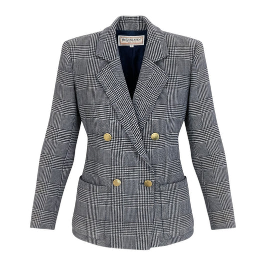 63f2 YVES SAINT LAURENT イヴサンローラン ダブルブレスト テーラードジャケット グレンチェック柄 金ボタン カシミヤ混 サイズM ネイビー ホワイト レディース 女性服o07t
