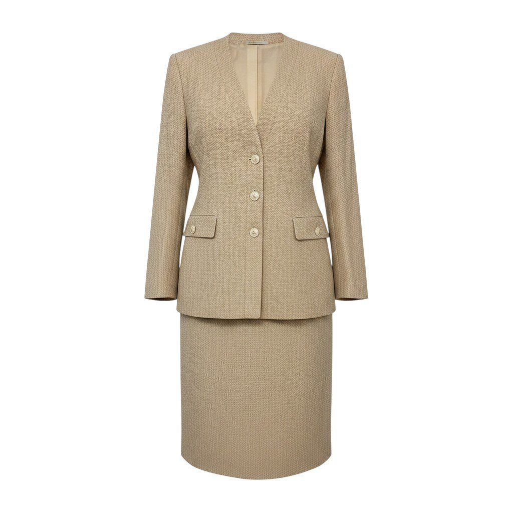 55h21 Aquascutum アクアスキュータム セットアップ スカートスーツ フォーマル ノーカラージャケット 刻印ボタン サイズ11 ベージュ レディース 女性用o07t