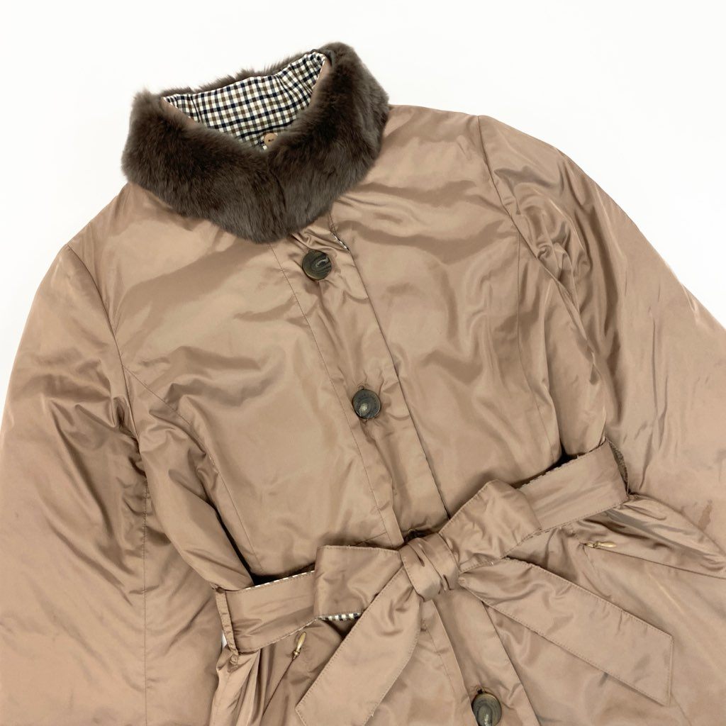 42a27 Aquascutum LONDON アクアスキュータム リバーシブル ダウンコート 2way レッキスラビットファー チェック柄 レディース サイズ8 ベージュo07t