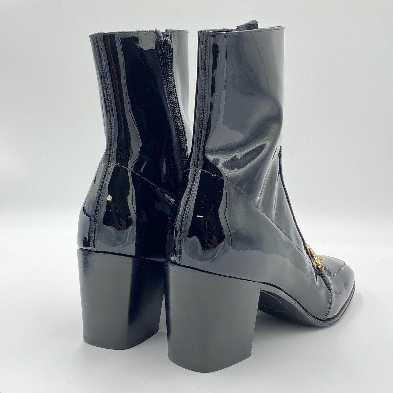 5h29《未使用品》 SAINT LAURENT サンローラン 23SS ホースビット エナメルブーツ 41 ブラック パテントレザー シューズ 箱 保存袋付きt18r
