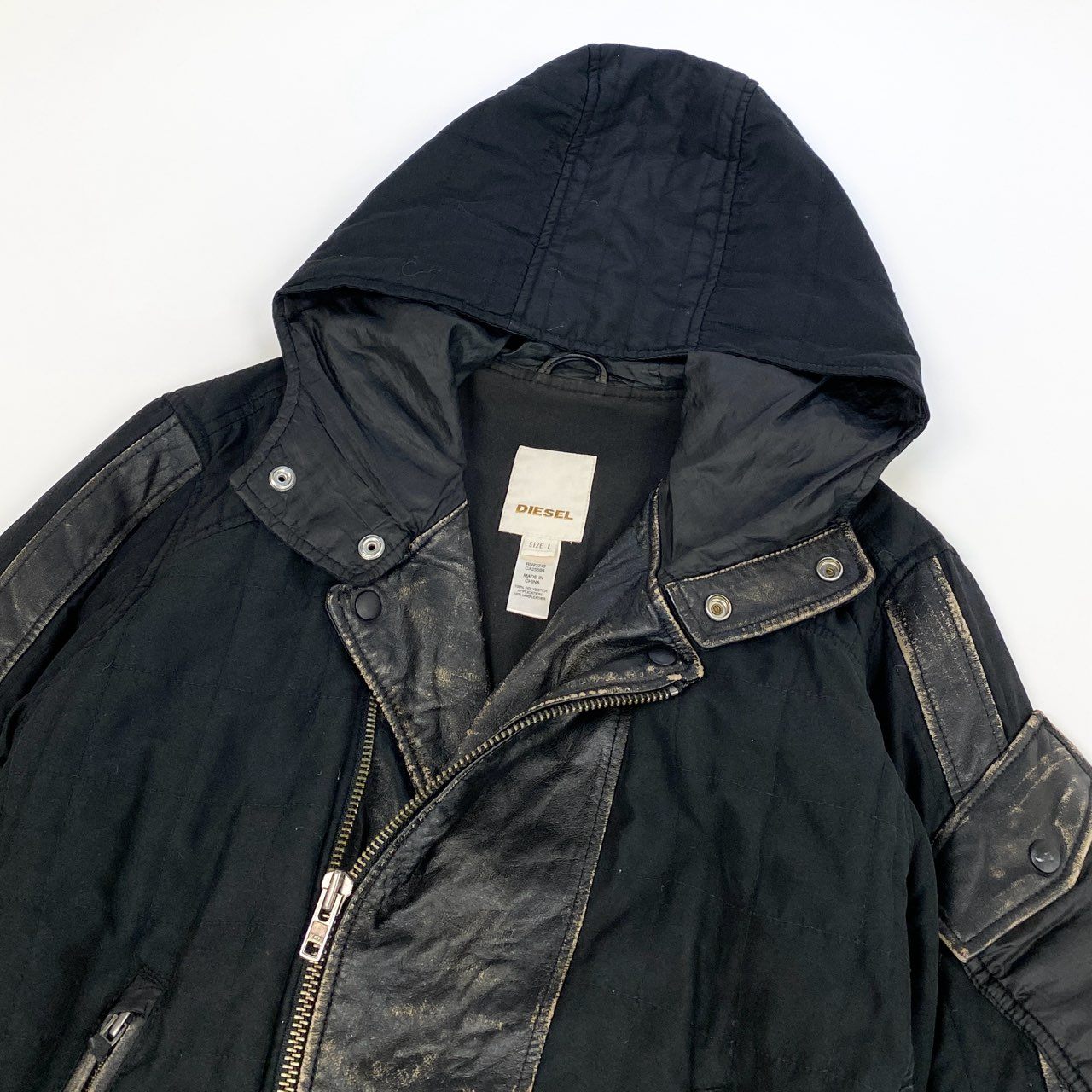16k10 DIESEL ディーゼル ライダースジャケット  フーディー アウター ヴィンテージ加工 異素材切替 Lサイズ ブラック メンズu02t