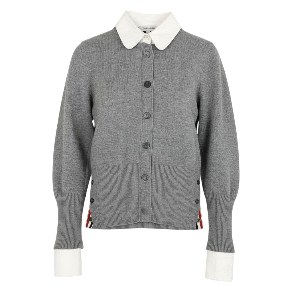 Ec3 THOM BROWNE トムブラウン トリコロール ニットカーディガン 襟付き ドッキングデザイン FKC393A 36 グレー ウール コットン レディースk02i