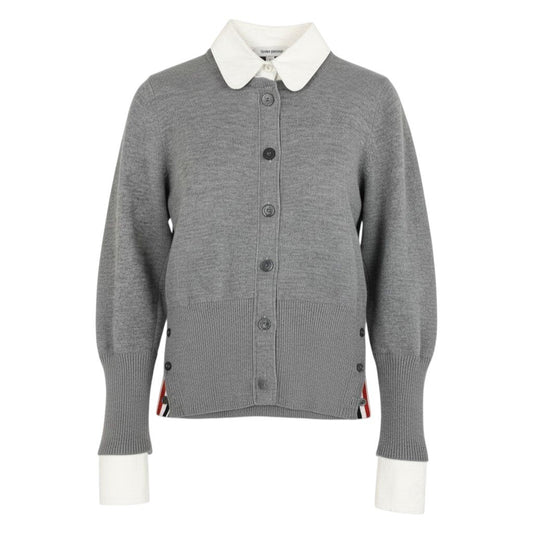 Ec3 THOM BROWNE トムブラウン トリコロール ニットカーディガン 襟付き ドッキングデザイン FKC393A 36 グレー ウール コットン レディースk02i
