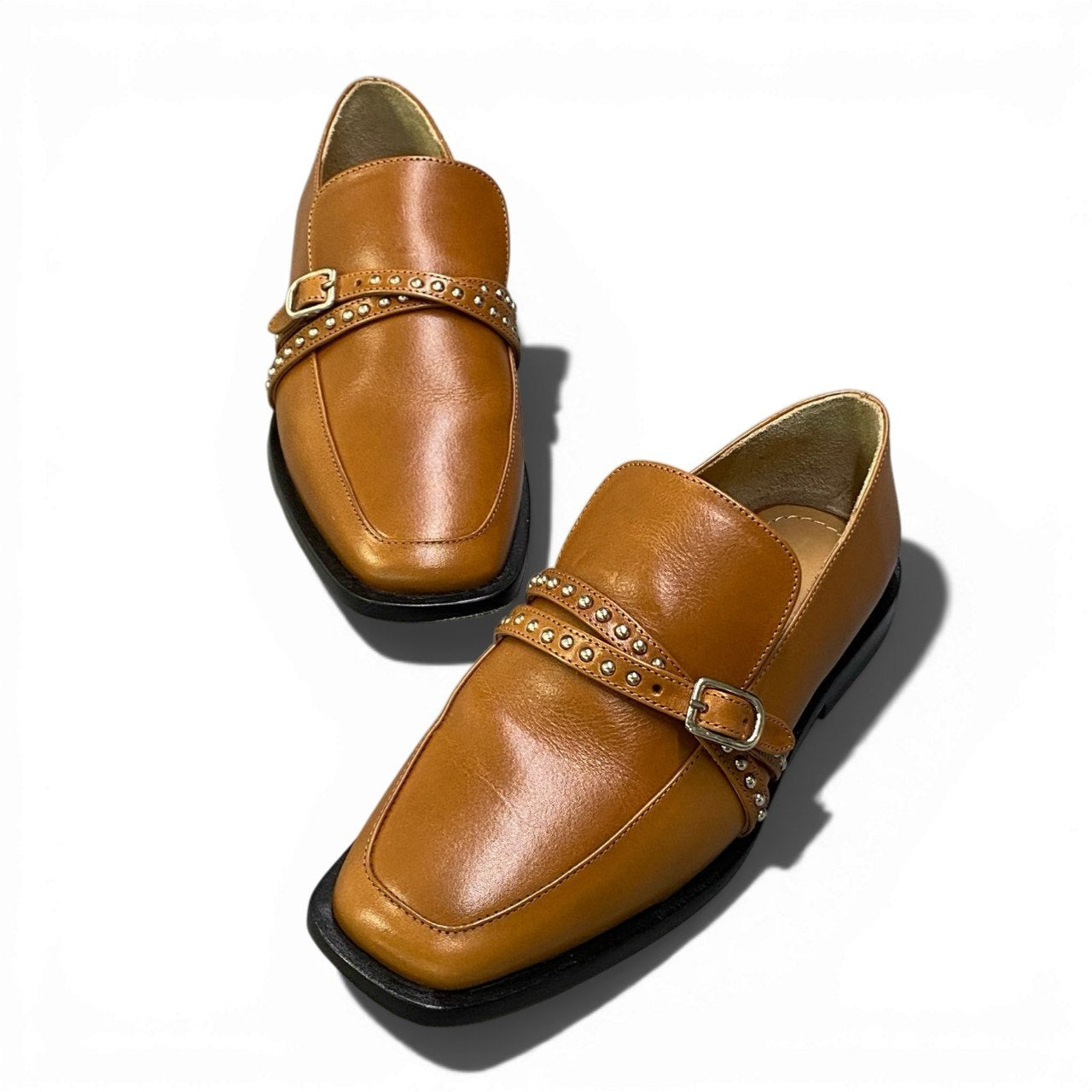 1b26 J&M DAVIDSON ジェイ&エムデヴィッドソン スタッズベルト ローファー レザーシューズ レディース 女性靴 20649N サイズ35 TAN ブラウン系 牛革u02t