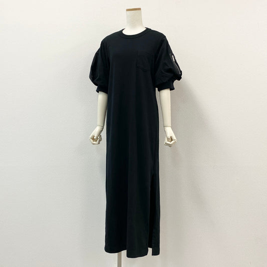 16h9《美品》sacai サカイ ナイロンツイル ジャージワンピース ロングワンピース 半袖 パフスリーブ サイズ1 ブラック レディースk02i