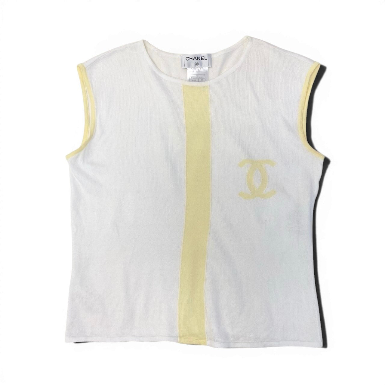 Cf9 CHANEL ノースリーブニット コットンニット ココマーク P15735V00761 42サイズ ホワイト イエロー コットン100％ レディース 女性用u02t