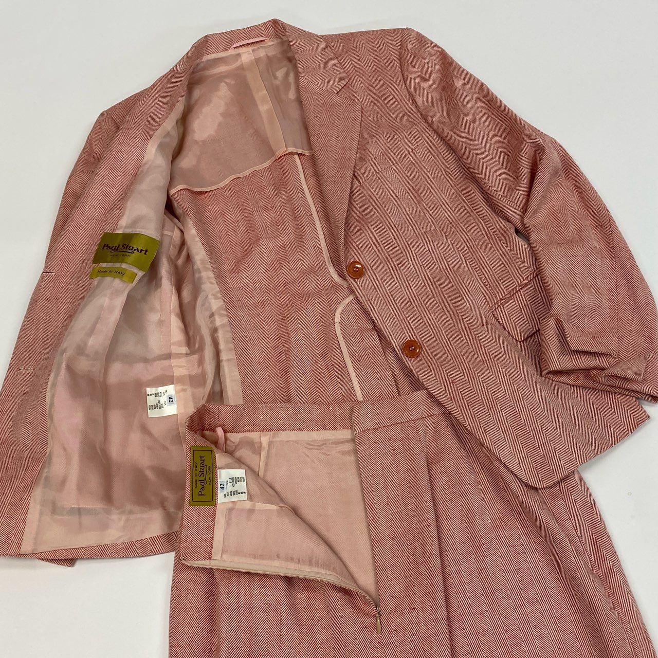 70a15 Paul Stuart ポールスチュアート セットアップ スカートスーツ テーラードジャケット 膝丈スカート ヘリンボーン イタリア製 レディース 女性用 サイズ42 レッド ホワイト シルク コットン リネンu02t