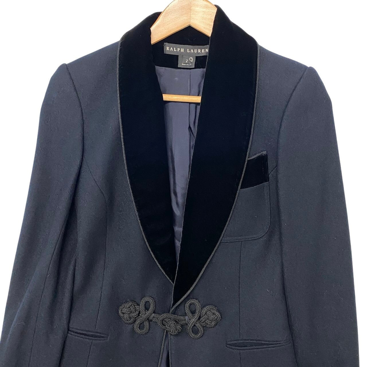 1h16 【美品】 RALPH LAUREN ラルフローレン ショールカラージャケット ベロア切替  サイズ2 ブラック レディース 女性用u02t