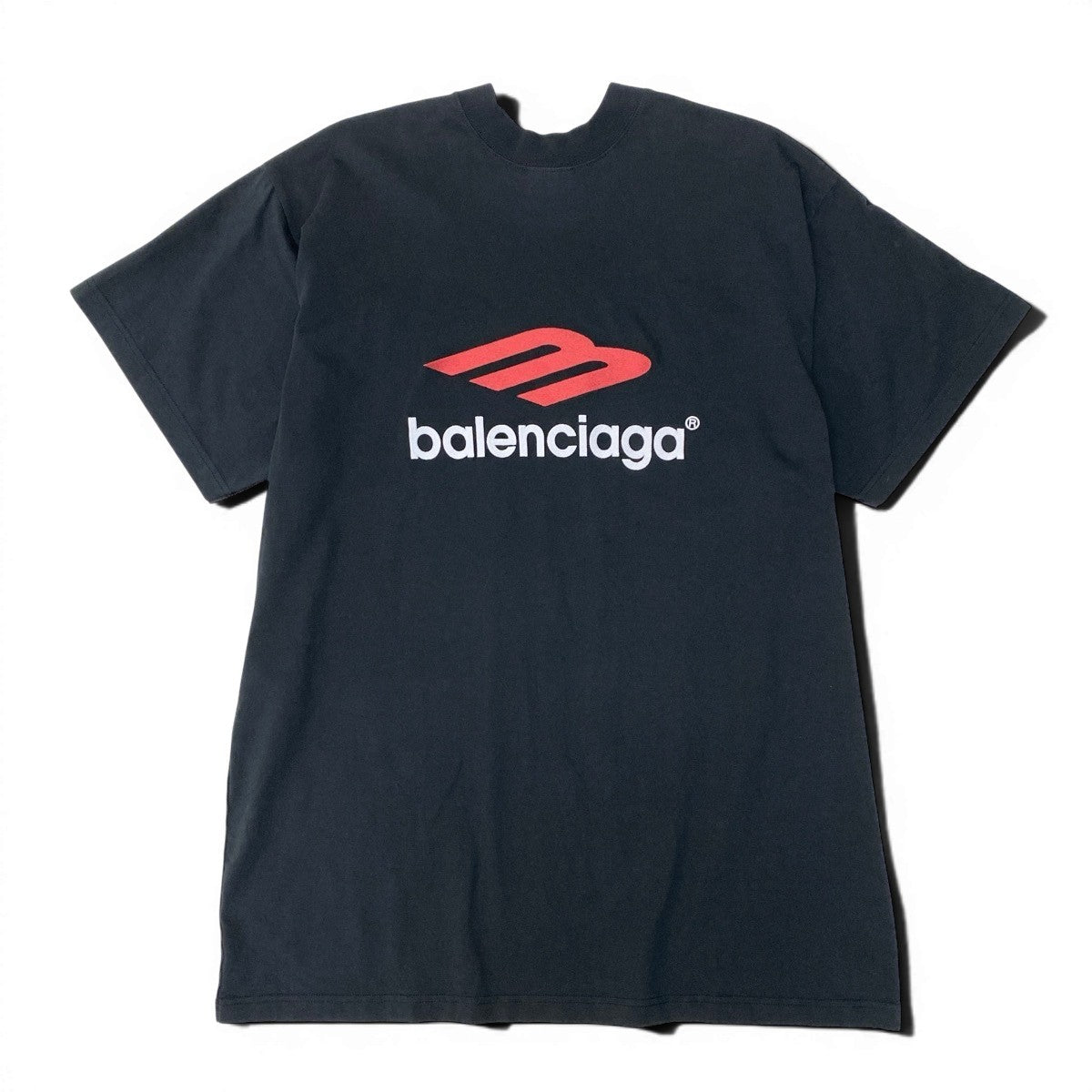 Mf12 BALENCIAGA バレンシアガ テープロゴ 半袖Tシャツ バックロゴ刺繍 ダメージ加工 サイズL ブラック コットン100％ ユニセックスk02i