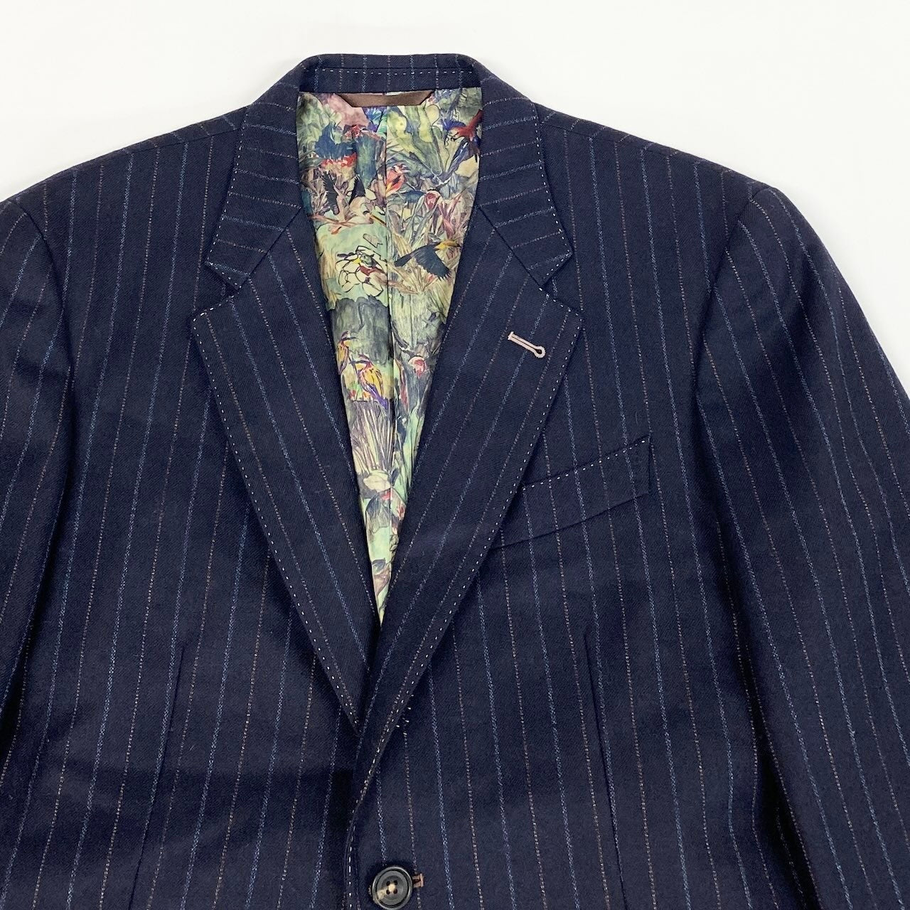 64d16 PAUL SMITH COLLECTION ポールスミス セットアップスーツ シングルスーツ 2B ストライプ柄 裏地総柄 花柄刺繍 サイズL ネイビー ウール100％ メンズ 紳士服u02t