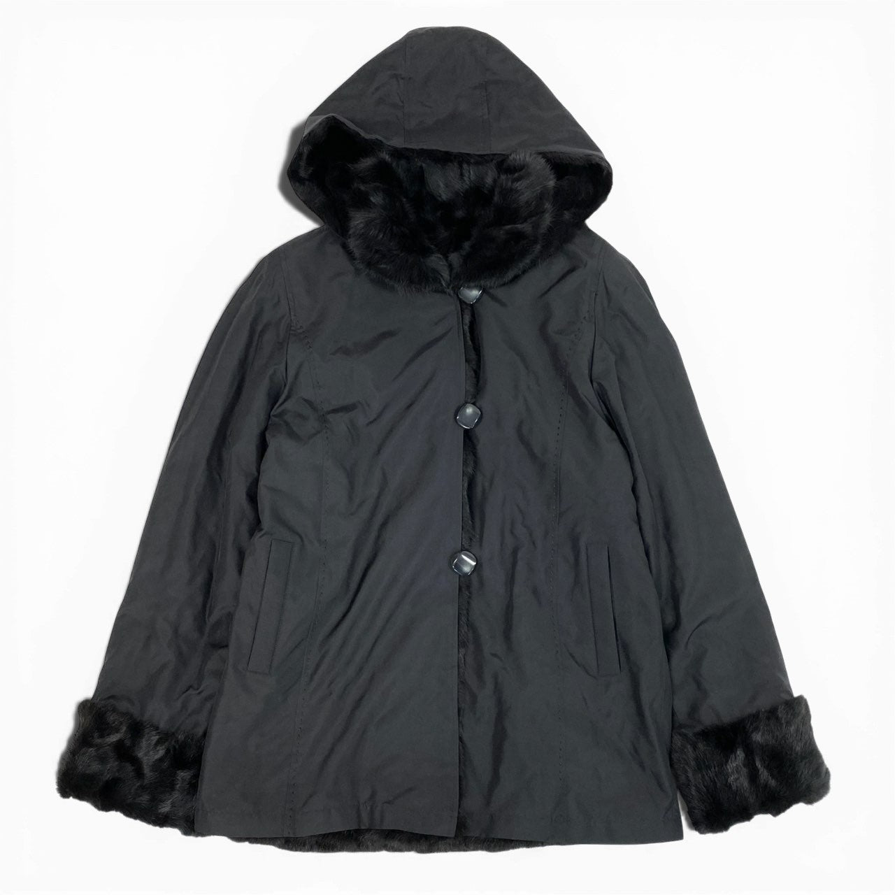 23a26 ロリスファー フード付 リバーシブル コート サイズF ブラック 本毛皮 Loris Fur Coatt18r