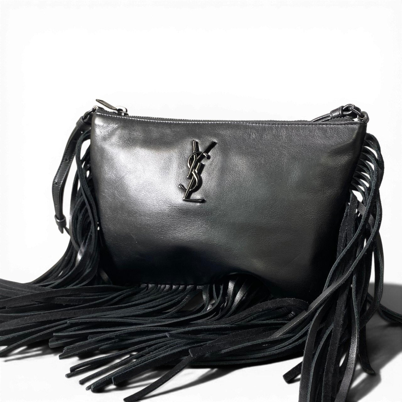 g9 SAINT LAURENT PRIS サンローランパリ カサンドラ オールブラック フリンジ ショルダーバッグ レザー レディースta1