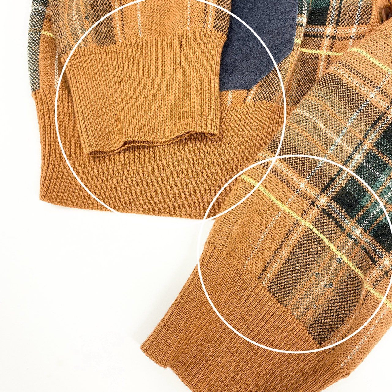 44h26 JUNYA WATANABE MAN COMME des GARCONS ジュンヤワタナベマン コムデギャルソン 多素材MIX ジャガード エルボーパッチ ニットカーディガン スエードポケット チェック柄 スエード Sサイズ マルチカラー メンズo07t