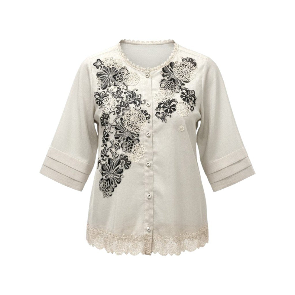 69c2 TOKUKO 1er VOL トクコプルミエヴォル シアーブラウス ノーカラーシャツ 七分袖 レース装飾 レディース 女性服 サイズ9 ホワイト系 ポリエステル100％u02t