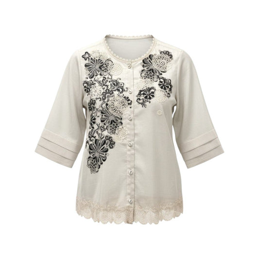 69c2 TOKUKO 1er VOL トクコプルミエヴォル シアーブラウス ノーカラーシャツ 七分袖 レース装飾 レディース 女性服 サイズ9 ホワイト系 ポリエステル100％u02t