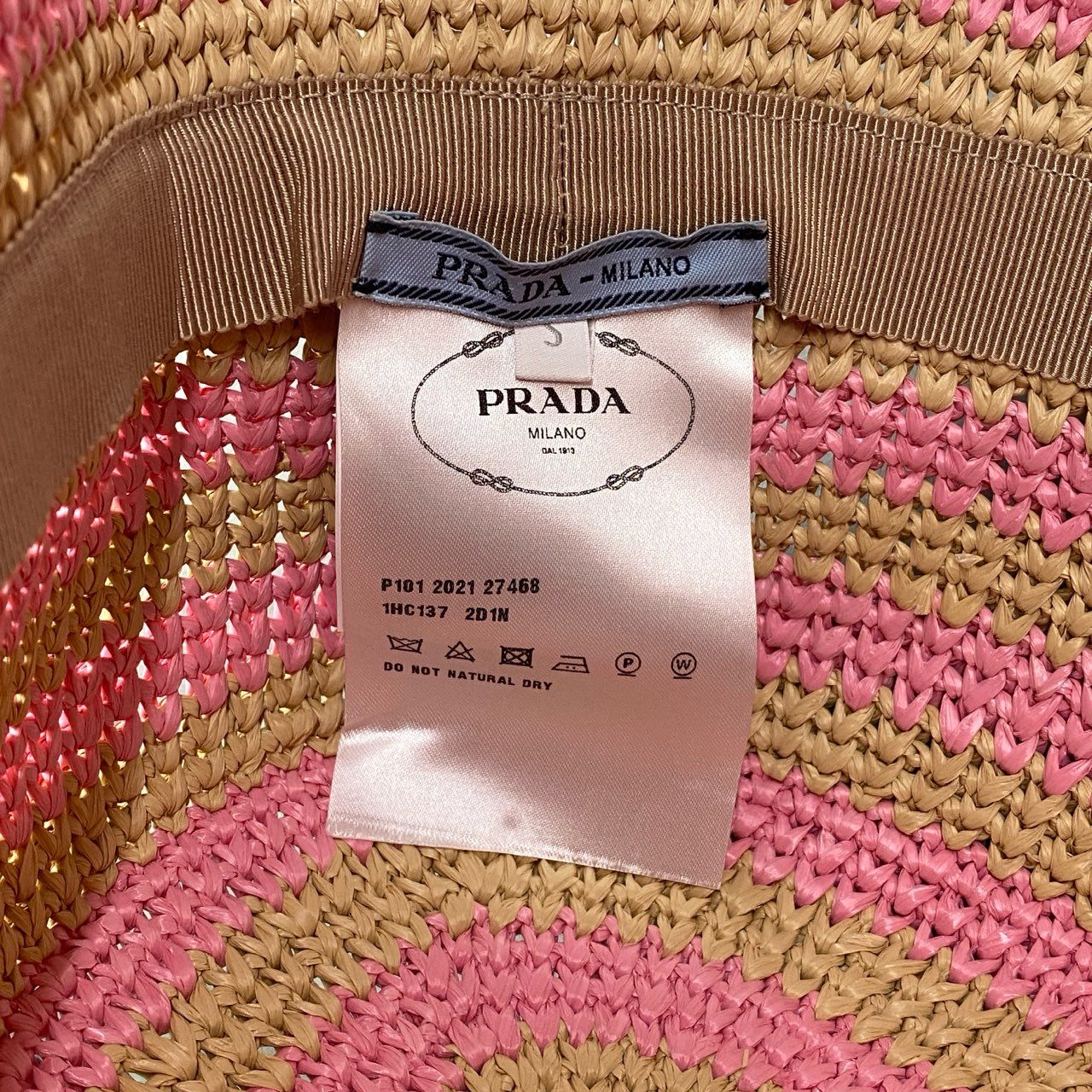 c17 PRADA プラダ 1HC137 ロゴ入り ラフィアハット バケットハット サイズS ピンク/ベージュ レディース 帽子