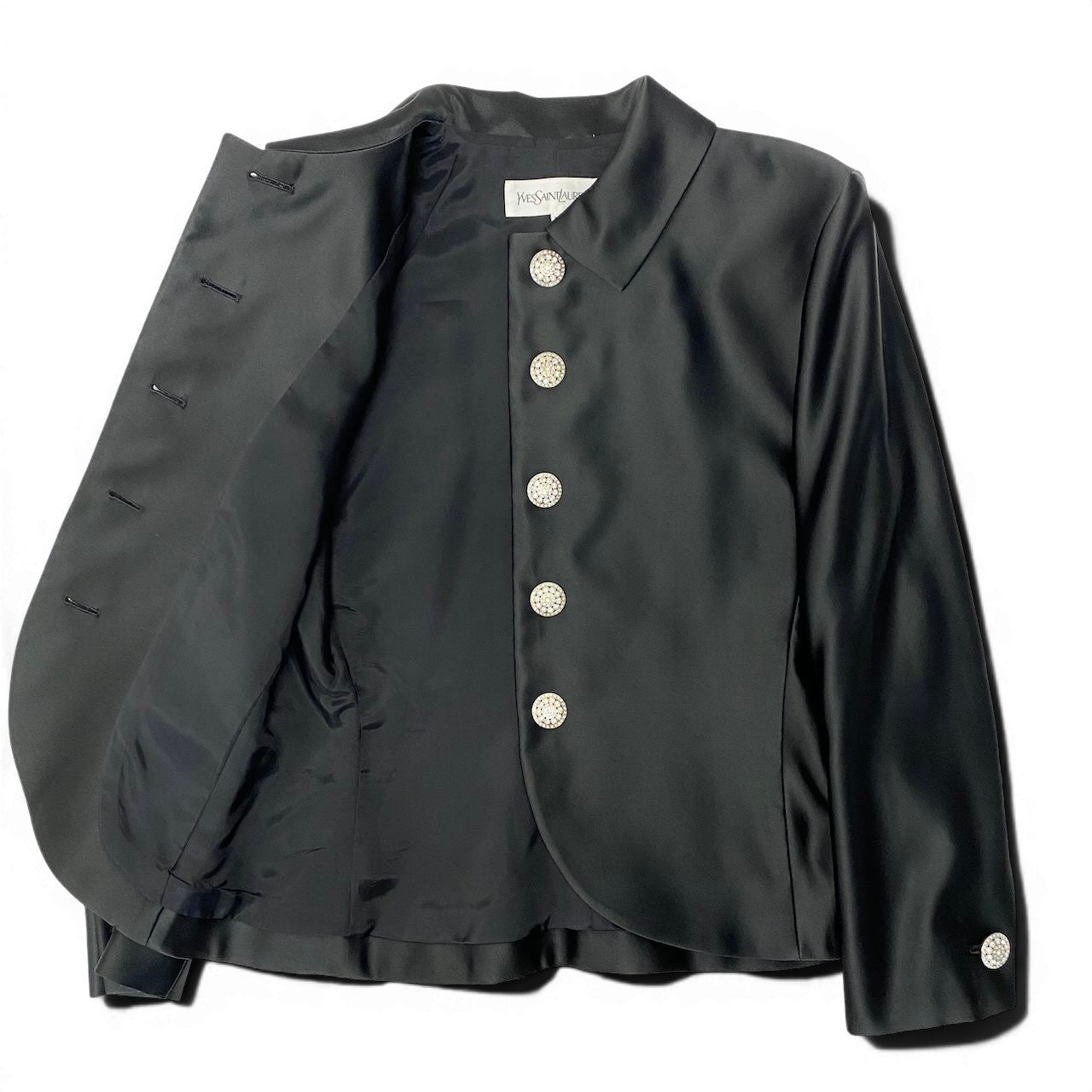 83e12 YVES SAINTLAURENT イヴサンローラン サテンジャケット シャツジャケット ロングスリーブ サイズ9A3 光沢 ブラック レディース 女性服o07t