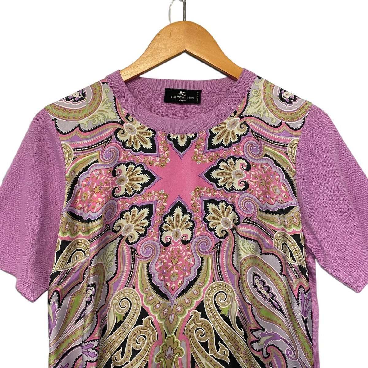 57j22 【極美品】ETRO エトロ 半袖シルクニットセーター 異素材切替 総柄 トップス 44サイズ パープル シルク100％ レディース 女性用u02t