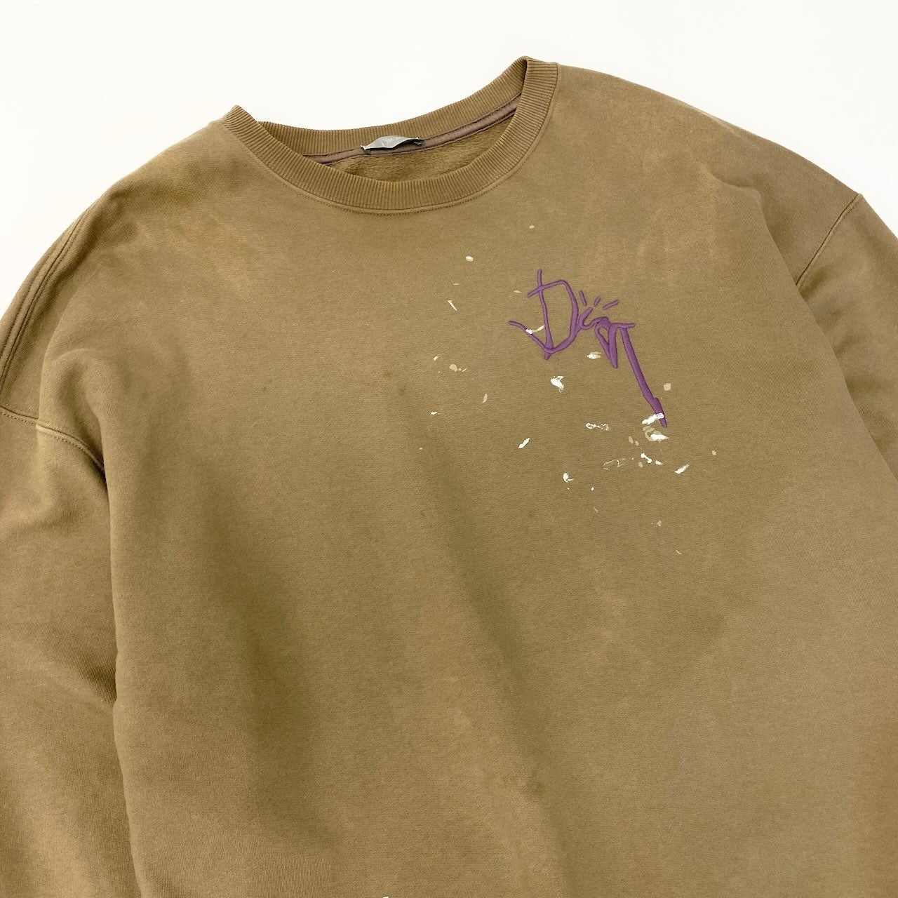 14d13 Dior HOMME  CACTUS JACK ディオールオム カクタスジャック オーバーサイズ ロゴトレーナー ペイント加工 クルーネック ロゴ刺繍 283J679A0531 Lサイズ ブラウン カーキ系 コットン メンズo07t