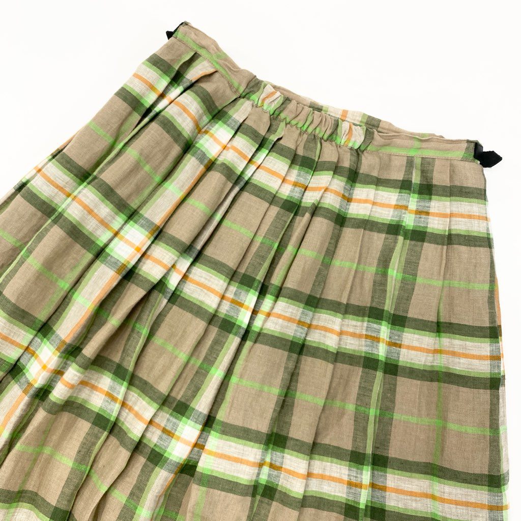 67a12 《美品》 O’NEIL OF DUBLIN オニールオブダブリン 定番 チェック柄 巻きスカート 膝下スカート クリップ付き 42 グリーン ベージュ リネン レディース 女性用u02t