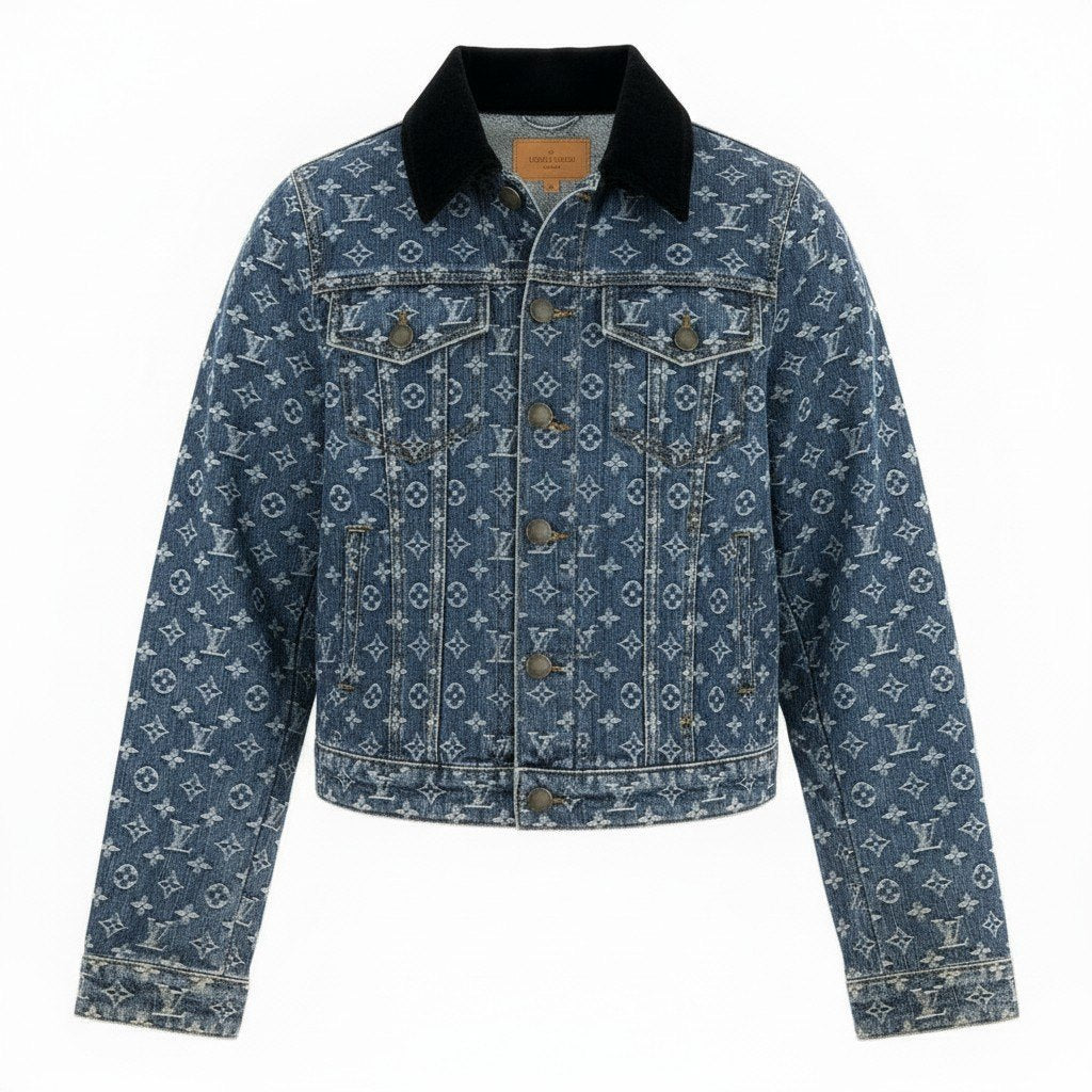 Id7 LOUIS VUITTON ヴィンテージ ルイヴィトン モノグラムジャガード ダブルデニムジャケット サイズ38 インディゴ レディースta1