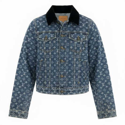 Id7 LOUIS VUITTON ヴィンテージ ルイヴィトン モノグラムジャガード ダブルデニムジャケット サイズ38 インディゴ レディースta1
