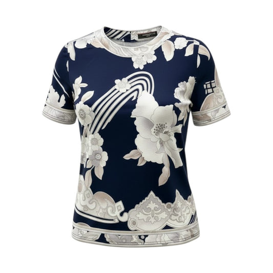 75b26 LEONARD レオナール ラウンドネック半袖Tシャツ 美しい花柄プリント  0379125 Lサイズ ネイビー系 コットン100％ レディース 女性用u02t