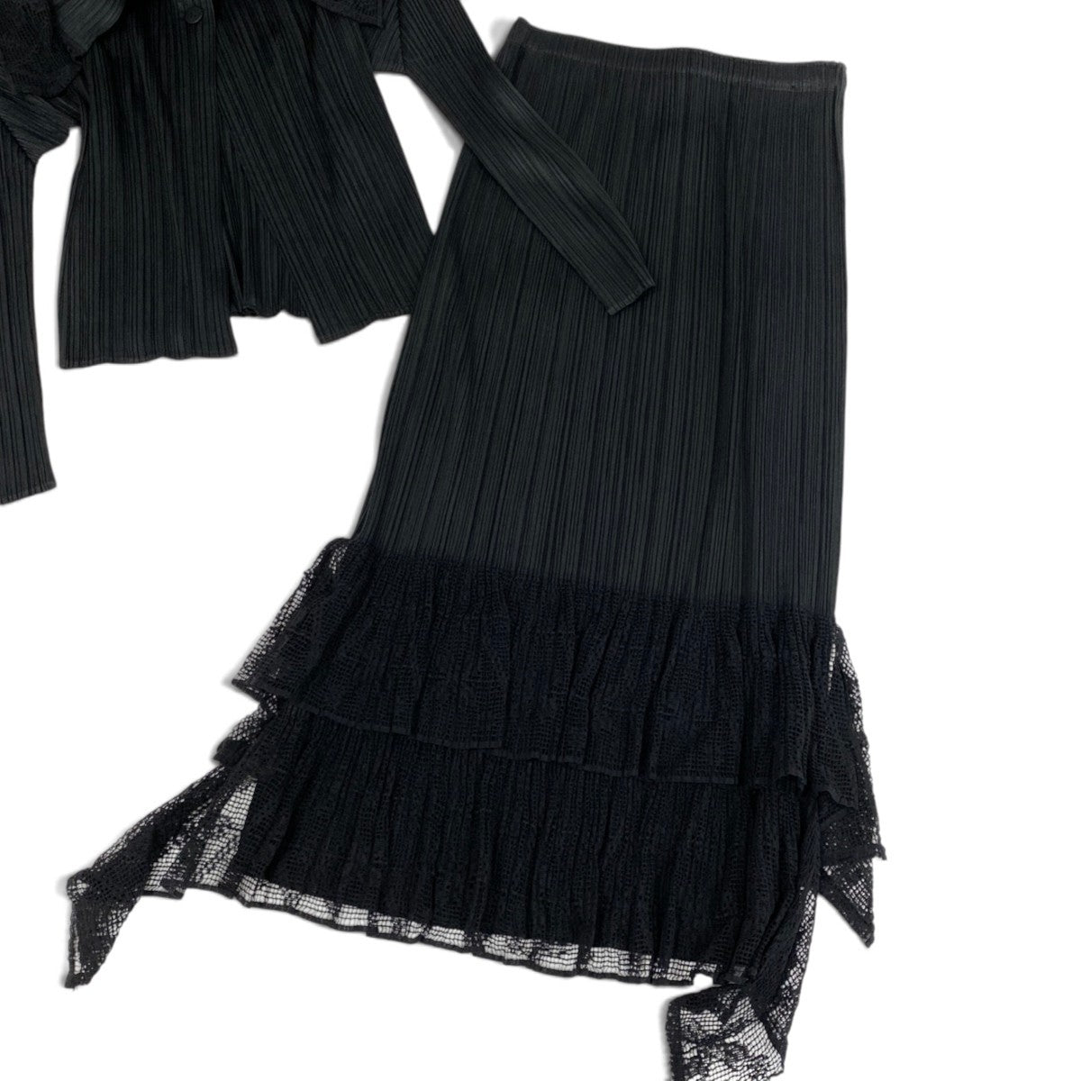 h13【新品保管品】PLEATSPLEASE プリーツプリーズ 新品デッドストック レース切替 スカートセットアップ PP03-J0605 3サイズ ブラック ポリエステル コットン100％ レディース 女性用ta1