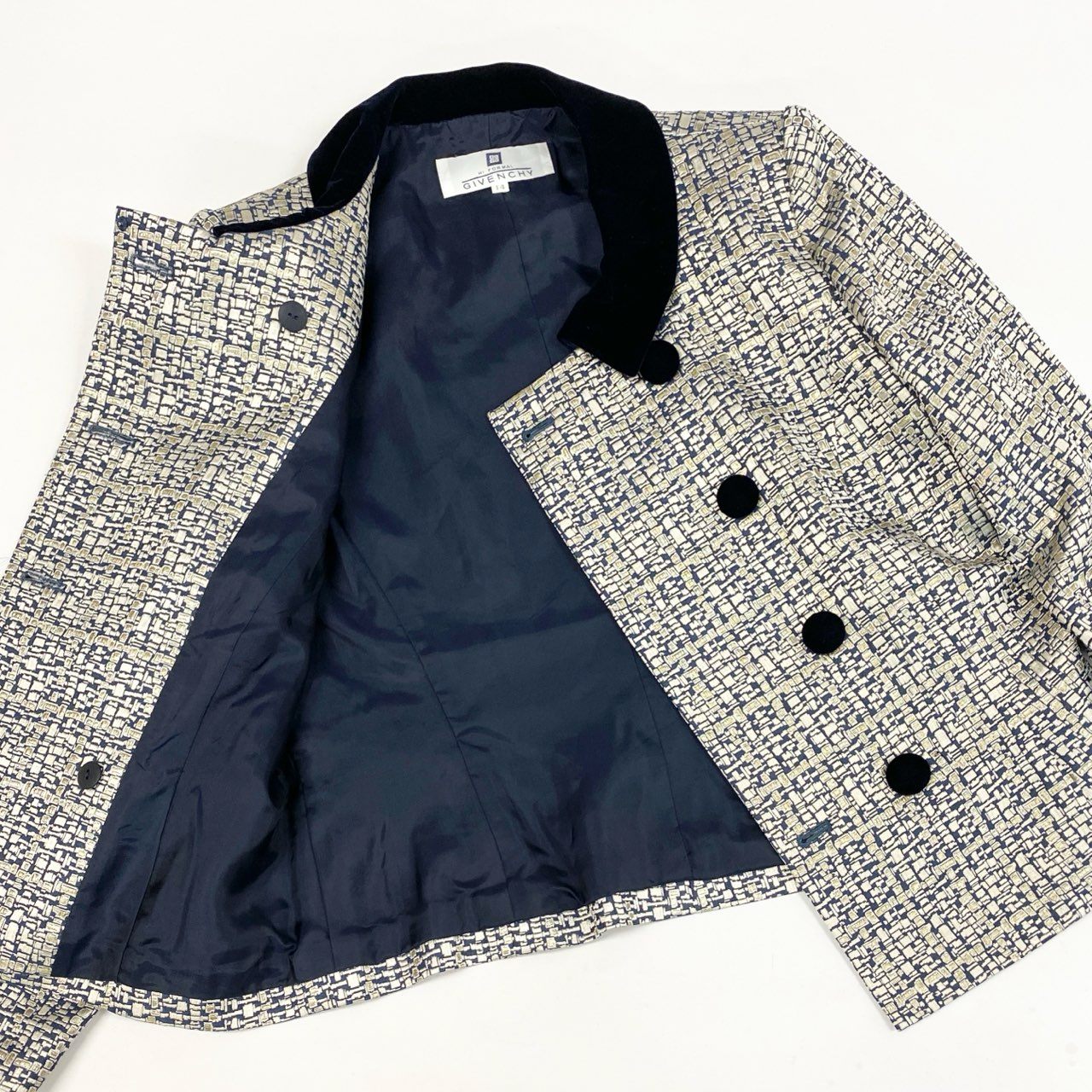 24l15《美品》 Vintage GIVENCHY ジバンシー  ベロア切替 テーラードジャケット ブレザー 総柄 14 ゴールド系 画像参照 レディースu02t