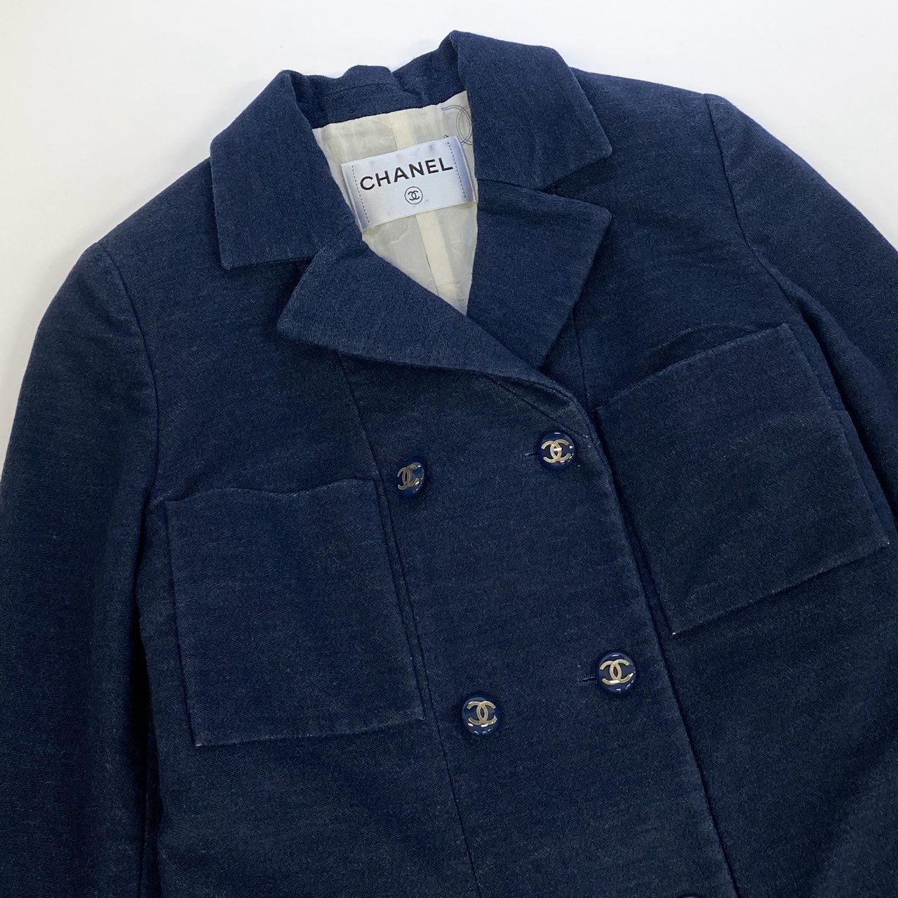 16k10 CHANEL シャネル ココマーク ダブルロングコート P53419V38061 34 インディゴ ブルー デニム 裏地刺繍t18r