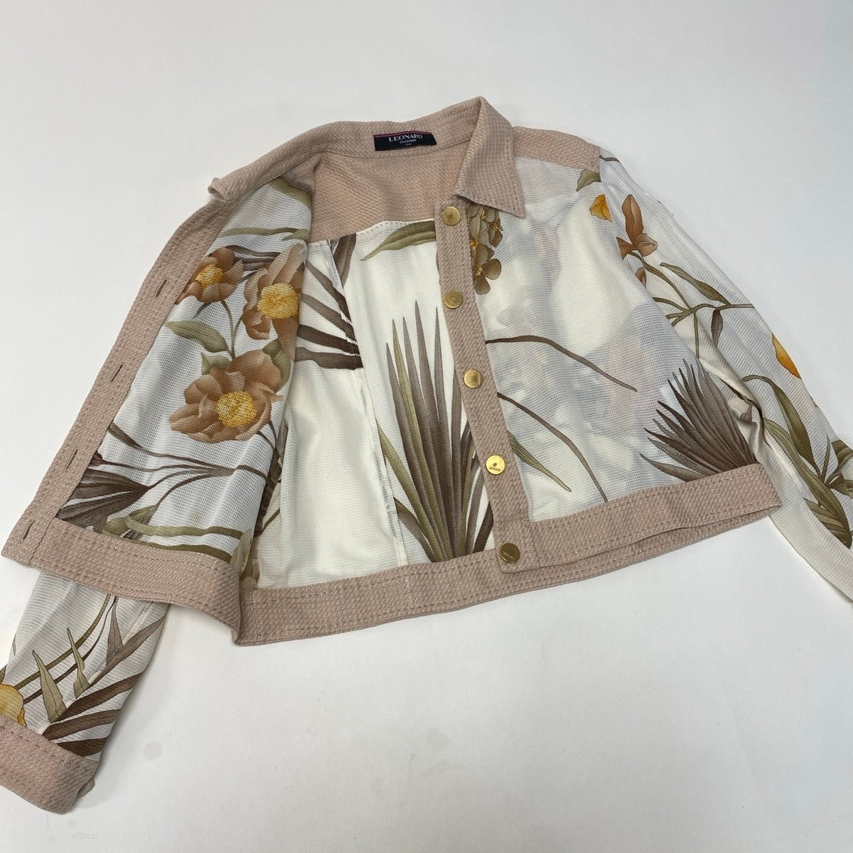 2g18 LEONARD FASHION レオナール シアージャケット 美しい花柄プリント リネンブレンド サイズ13R マルチカラー レディースu02t