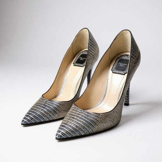 d9 Christian Dior クリスチャンディオール パンプス ポインテッドトゥ サイズ38 パイソン型押しレザー レディースk02i