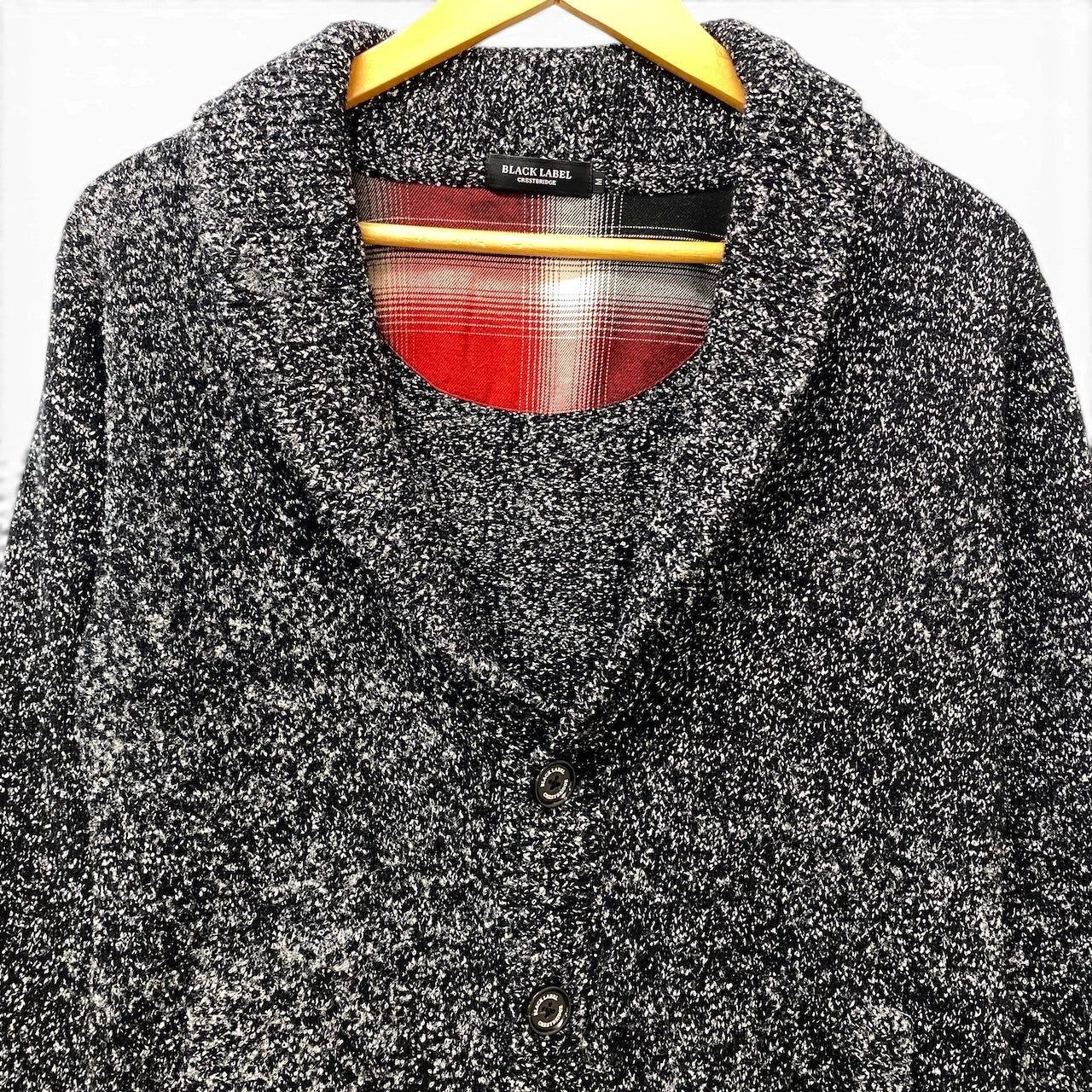 9f17【美品】 BLACK LABEL CRESTBRIDGE ブラックレーベルクレストブリッジ ショールカラー ニットカーディガン ミックスニット サイズＭ ブラック ホワイト メンズ 紳士服u02t