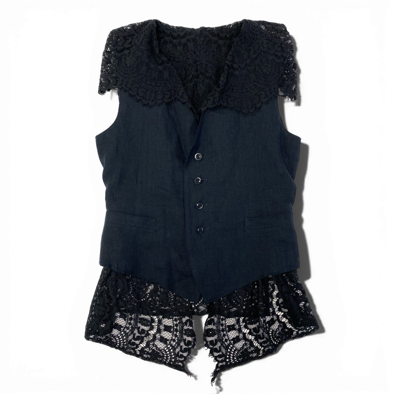 59a21 Y's ワイズ ヨウジヤマモト レースレイヤードデザイン リネンジレ ベスト サイズ2 ブラック レディース デザイナーズk02i