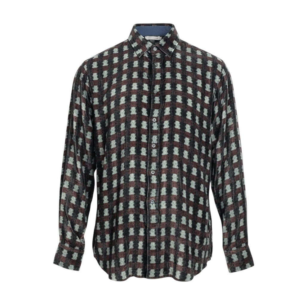 43i15 《美品》 GIORGIO ARMANI ジョルジオアルマーニ 長袖シャツベロア ドレスシャツ イタリア製 総柄シャツ チェック柄 16 ブラック メンズ 男性用u02t