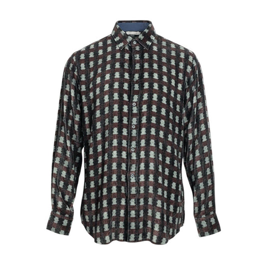 43i15 《美品》 GIORGIO ARMANI ジョルジオアルマーニ 長袖シャツベロア ドレスシャツ イタリア製 総柄シャツ チェック柄 16 ブラック メンズ 男性用u02t