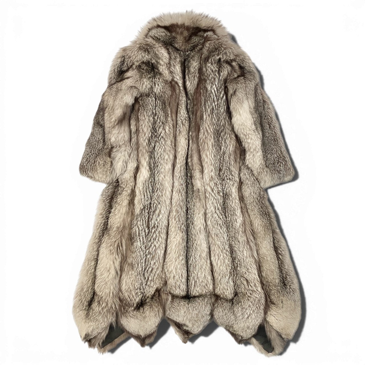 71a15 希少デザイン 極厚 シルバーフォックス 超ロングコート 丈120cm サイズF 茶系 本毛皮 Fox Fur Long Coatt18r