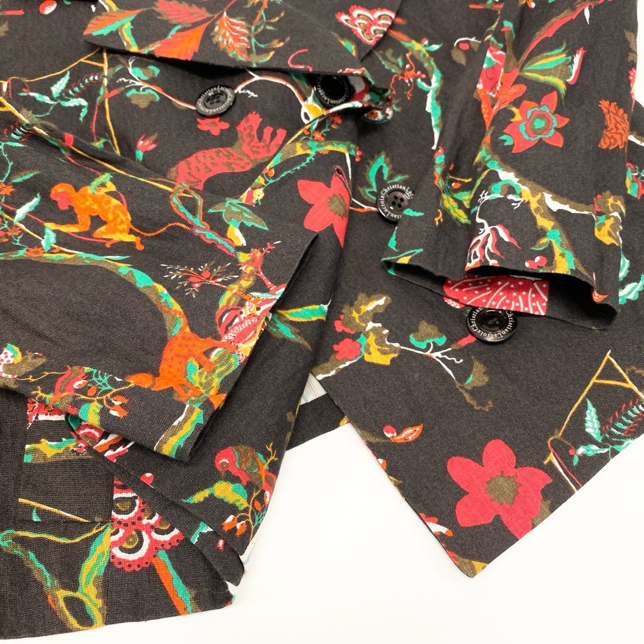 4k23 Christian Lacroix クリスチャンラクロワ セットアップスカート ダブルブレストジャケット フレアスカート 総柄 フェルトワッペン リネン混 レディース  42 ブラウンu02t