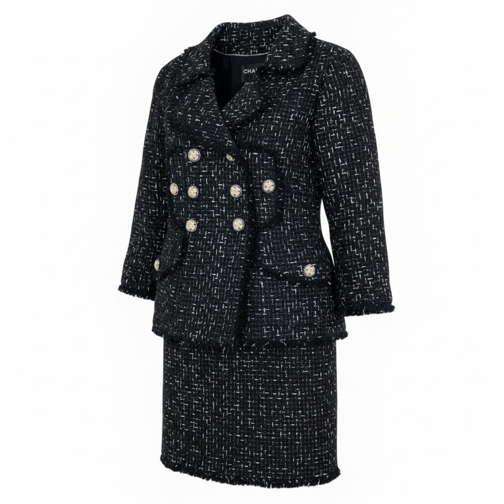 Cc31 《極美品》 CHANEL シャネル ロゴリボンテープ ルサージュ ダブルツイード セットアップ Logo Ribbon Lesage Double Tweed Setup P45108 サイズ36 ブラックt18r