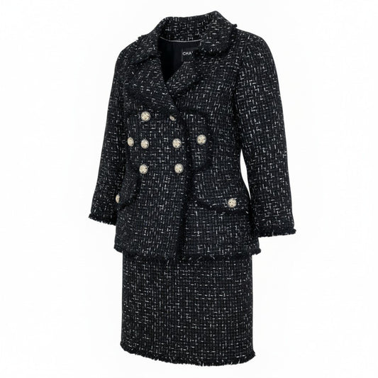Cc31 《極美品》 CHANEL シャネル ロゴリボンテープ ルサージュ ダブルツイード セットアップ Logo Ribbon Lesage Double Tweed Setup P45108 サイズ36 ブラックt18r