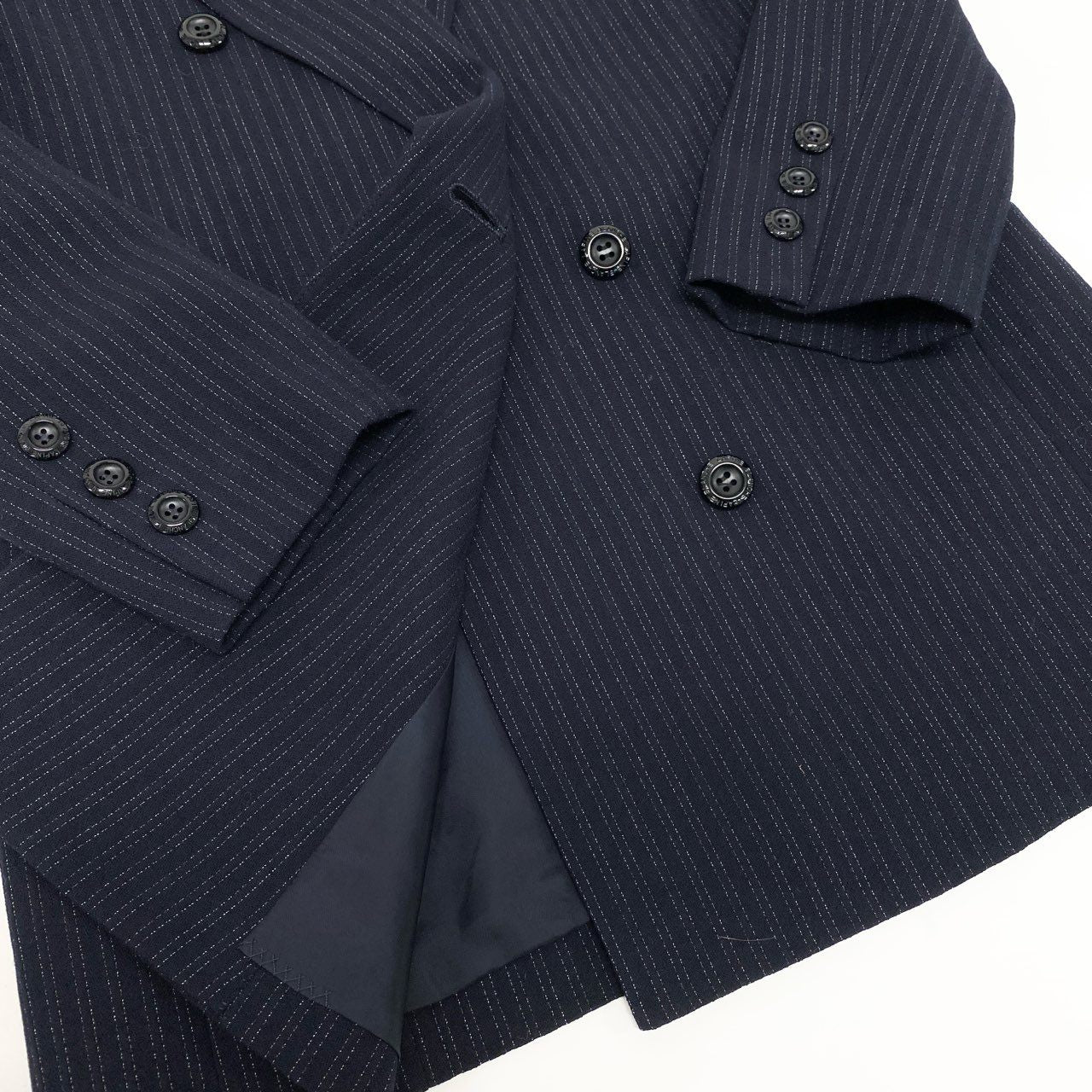 4k23《美品》 LAPINE BLANCHE ラピーヌブランシュ セットアップスカート ダブルブレストジャケット ストライプ柄 ウール混 レディース 女性用 9 ネイビーu02t