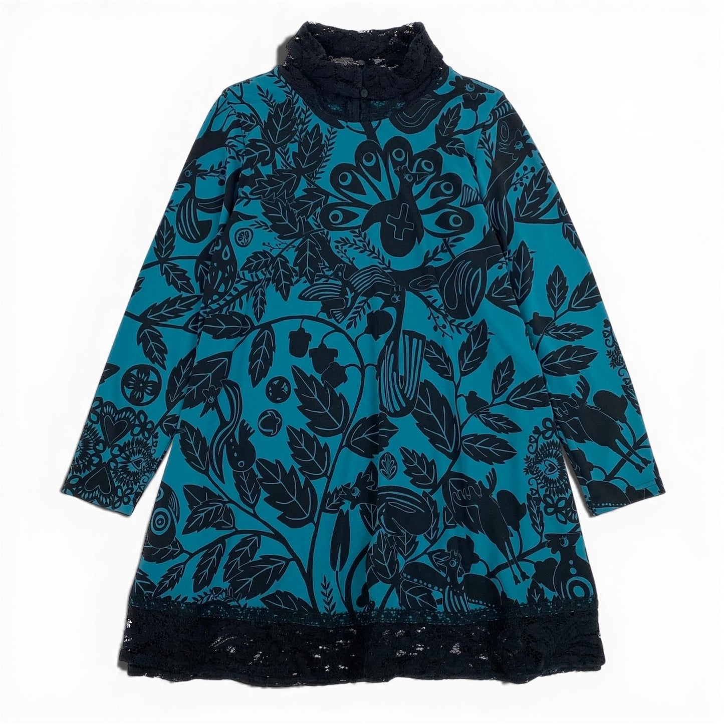 8c11 TOKUKO 1er VOL トクコプルミエヴォル チュニックワンピース ロングスリーブ 総柄プリント 鳥 アニマル レース切替 レディース 女性服 サイズ9 グリーン ブラックu02t