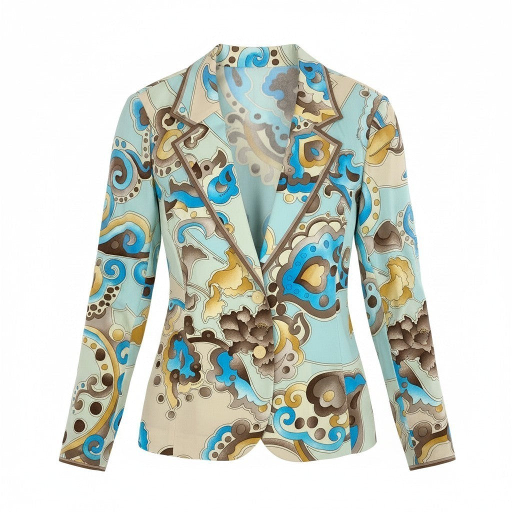 54f29 LEONARD FASHION レオナール カンカン素材 テーラードジャケット 総柄プリント サイズL ライトブルー レディースu02t