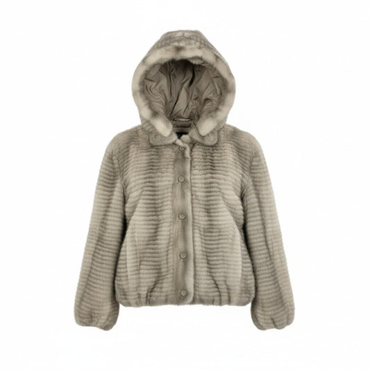 50k29《本毛皮》 サファイアミンク リバーシブル ファージャケット フード取り外し可 ミンクファー リアルファー 横段 MINK FUR シルバーグレー系u02t