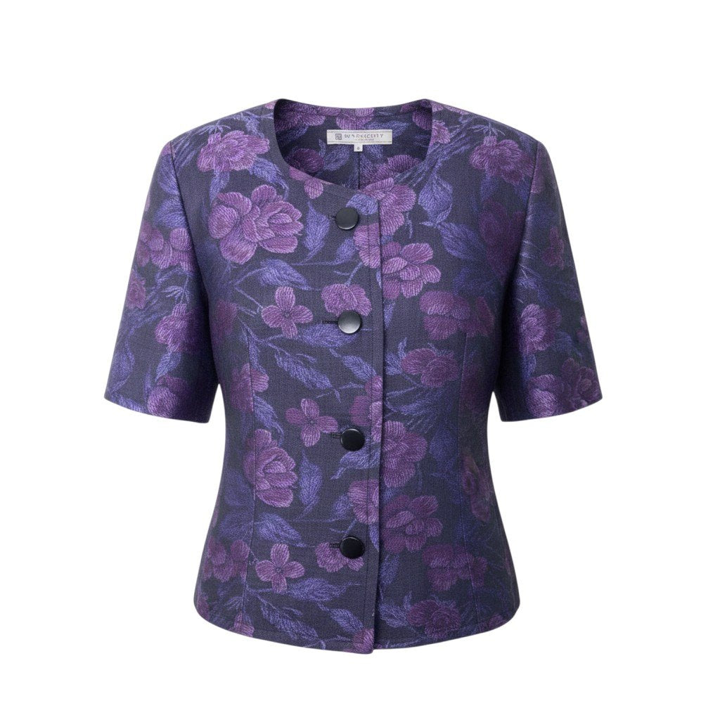 92h3 【大きいサイズ】 GIVENCHY ジバンシー ノーカラー リネンジャケット ジャガード調 フォーマルスーツ 花柄 半袖ジャケット 413622-66 13 パープル 麻100％ レディース 女性用o07t