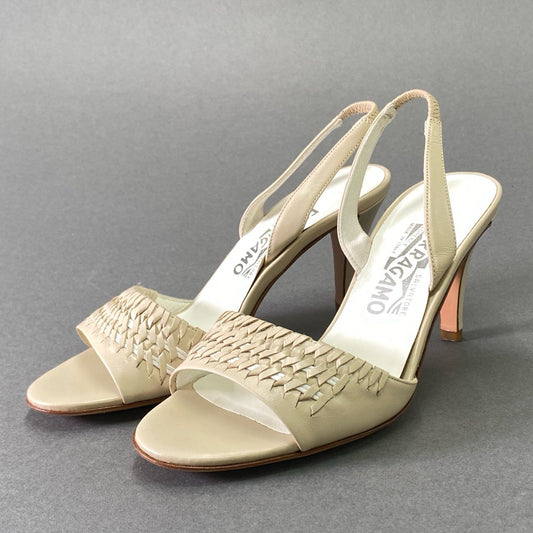 8e18 《美品》 Salvatore Ferragamo サルヴァトーレ フェラガモ 編み込み レザー ヒールサンダル 4 1/2 ベージュ leather シューズ イタリア製 夏