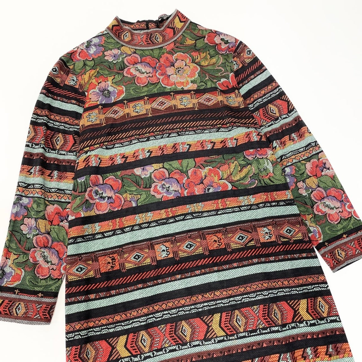 22d11 LEONARD FASHION レオナール ロングワンピース 長袖ワンピース 花柄プリント 総柄 ウールシルク混 LL マルチカラー レディース 女性用o07t