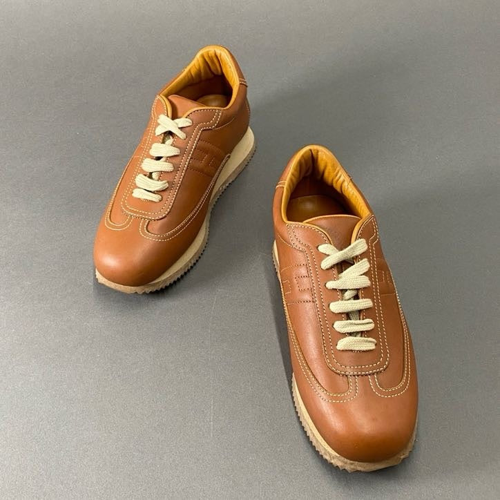 1h14 HERMES エルメス Quick Leather Sneakers クイック レザー スニーカー 37 1/2 ブラウン シューズ イタリア製