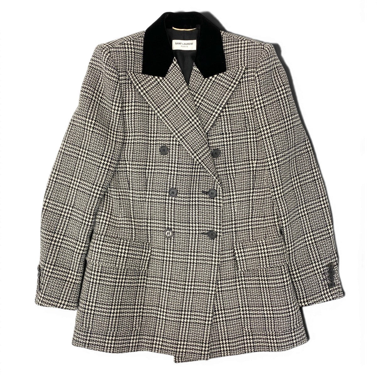 51e19 SAINT LAURENT PARIS サンローラン ツイードジャケット ロングジャケット ダブルブレスト グレンチェック サイズF38 ブラック ホワイト レディース 女性服u02t