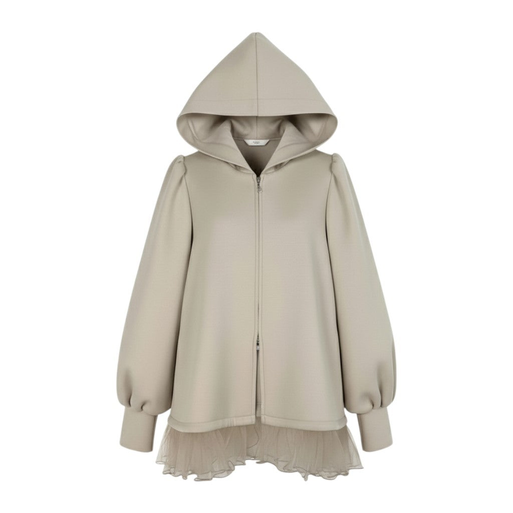 60b22 ADEAM アディアム  24年 カヌレジャケット ダブルジップ パーカー 裾チュール Aライン 伸縮ストレッチ レディース女性服 45065 サイズ2 ベージュu02t